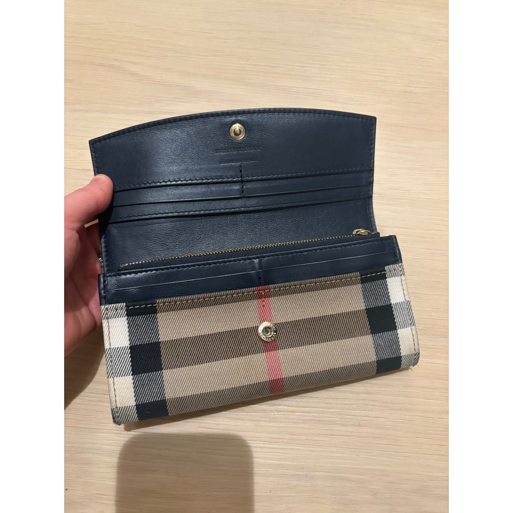 Burberry Navy Blue Pebbled Leather House Check Continental Long Wallet Italy - Picture 3 of 13